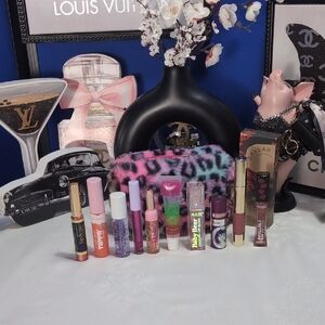 Colorful Animal Print Furry Cosmetic Bag Full Of 10 Glittery And Shiny Lipsticks